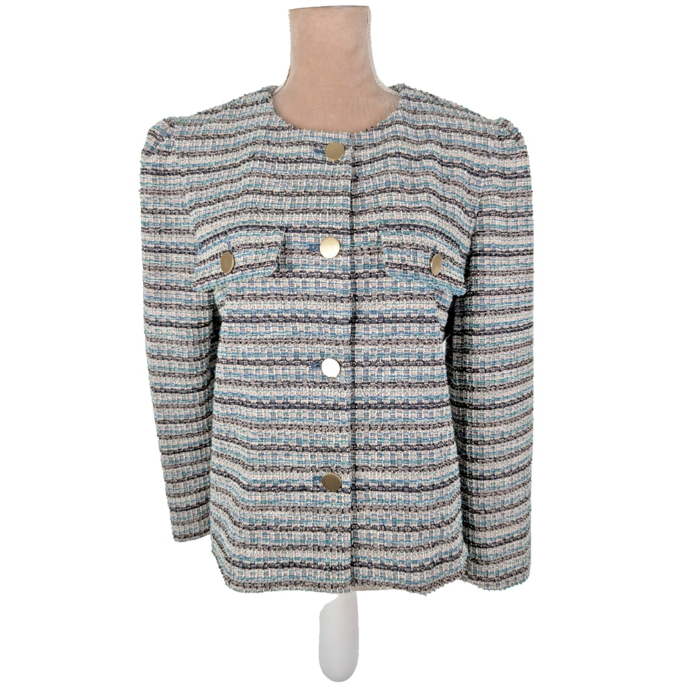 Ann Taylor Tweed Lady Jacket Collarless Blazer Size L XL Blue Classic Office